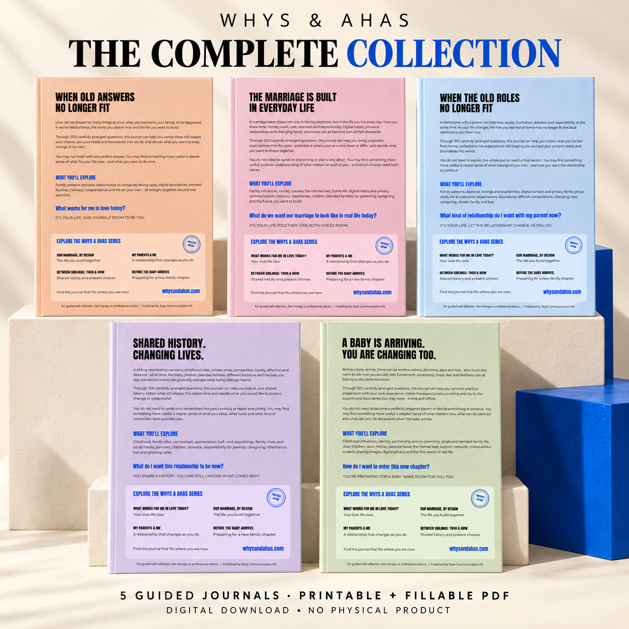 The Complete Collection: back covers of all five guided journals, introducing Love, Marriage, Parents, Siblings and Baby. Printable and fillable PDFs; no physical product.
