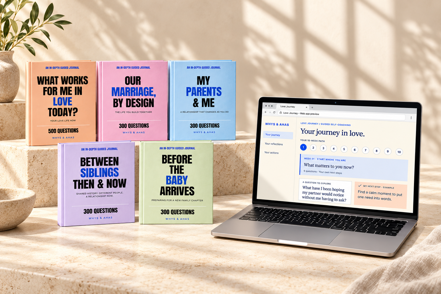 All five Whys & Ahas journals beside a laptop showing the Love Journey web app